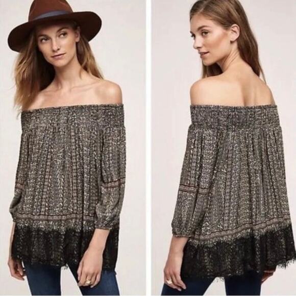 Vanessa Virginia Anthropologie Womens Lace Trim Off the Shoulder Tunic Top Sz M - Picture 15 of 15